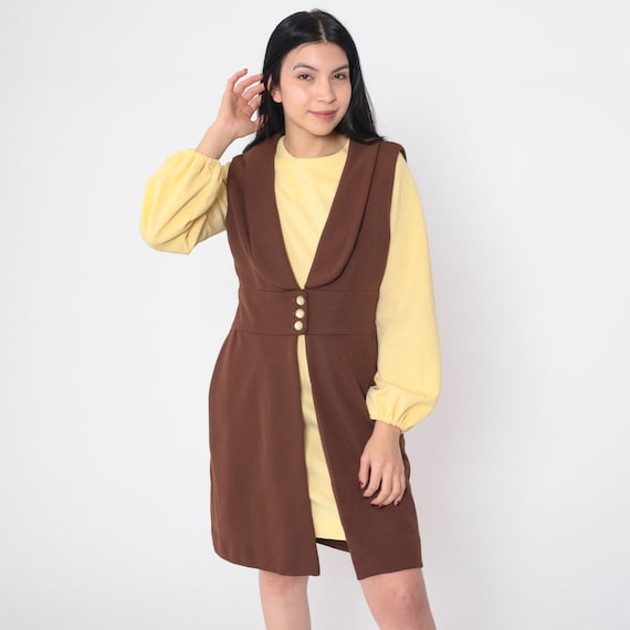 70s Two Piece Set Mod Mini Dress and Vest Yellow Brown Long Sleeve Shift Day Dress Outfit Retro Seventies Gogo Twiggy Vintage 1970s Medium