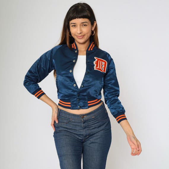 Vintage Detroit Tigers Satin Jacket 80s Navy Blue Baseball Bomber 1980s MLB Snap Front Striped Rib Trim Short Fit USA Made Kid's Size 12
