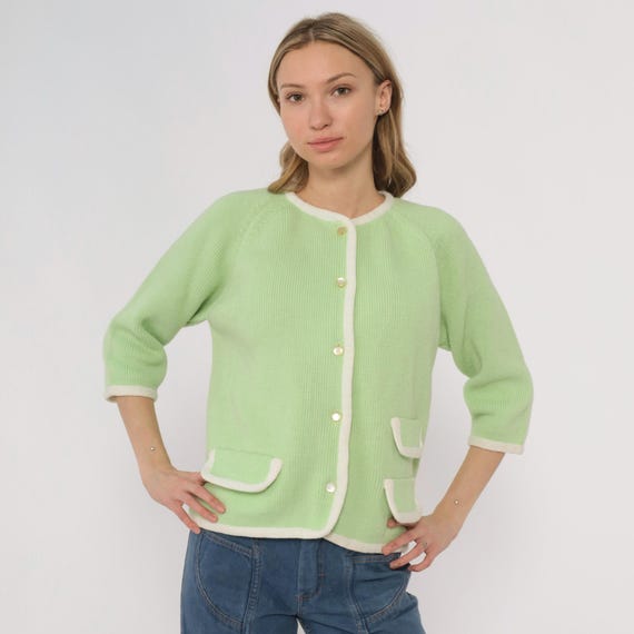 Mint Green Cardigan 70s Pistachio Sweater Pearl Button White Trim Cottagecore Preppy Knit Pastel Soft Vintage Cropped Jacket Medium M