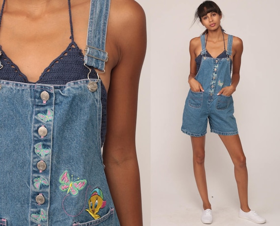 Denim Overall Shorts Jean Shortalls LOONEY TUNES Tweety Bird Romper 90s Grunge Jean Suspender Blue Bib Woman 1990s Vintage Extra Small xs