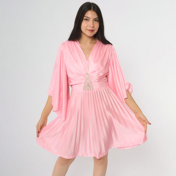 Angel Sleeve Dress Pink 70s Beaded Detail Flutter Bell Sleeves Vintage Disco Wrap Style Pleated Goddess Romantic Flowing Ethereal Large L 14
