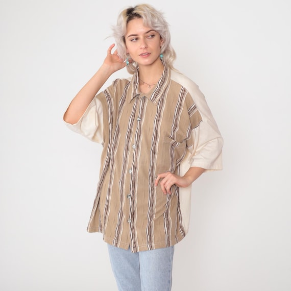 Striped Colorblock Shirt 90s Tan Cream Brown Button Up Raw Rags Oversized Boyfriend Cut Cotton Blend Neutral Earth Tone Streetwear Large L