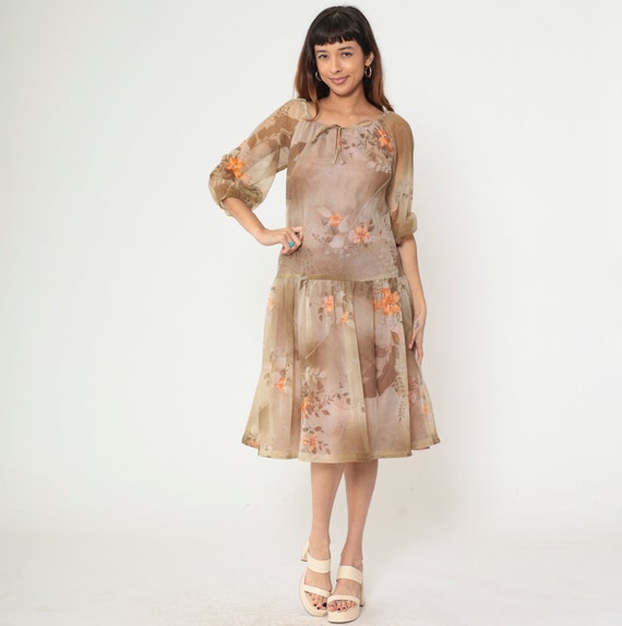 70s Floral Dress Brown Drop Waist Midi Dress Boho Dress 1970s Keyhole Slit Neck Bow Vintage 3/4 Sheer Sleeve Bohemian Medium