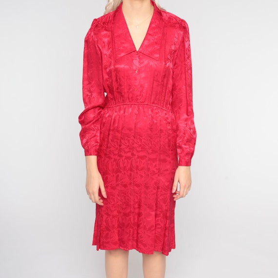Red Silk Dress 80s Floral Midi Dress Shirtdress P… - image 7