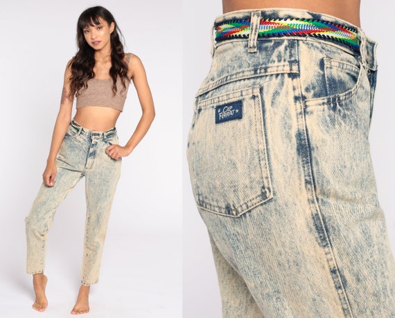 Acid Wash Jeans 90s Mom Jeans Blue Yellow Denim High Waist Jeans 80s  Tapered High Waisted Denim Pants Skinny Vintage Small 26 