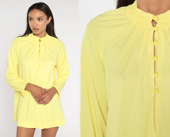 70s Yellow Blouse Cole Of California Top Smocked Button Up Shirt 1970s Mod Longline Vintage Long Raglan Sleeve Plain Nylon Medium Large