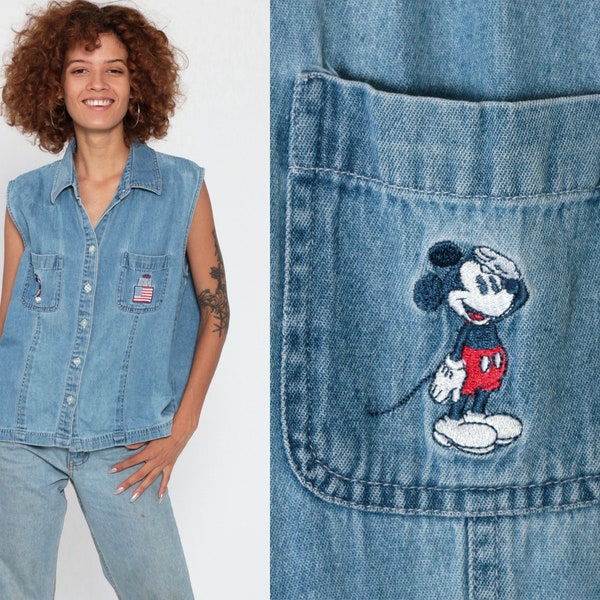 90s Disney Shirt -- Mickey Mouse Denim Shirt Disney Button Up Top USA American Flag Sleeveless 1990s Vintage Blouse Button Up Medium