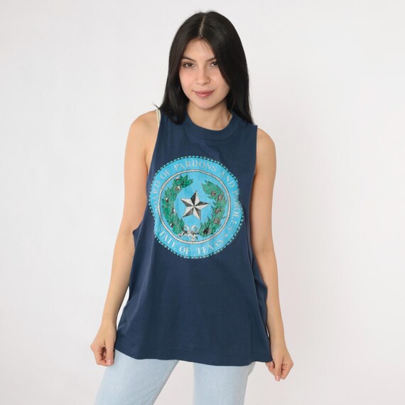 Vintage Graphic Tank Top Board of Pardons and Paroles Texas Shirt 80s Screen Stars Sleeveless Low Armhole Shirt Retro Blue Medium Large
