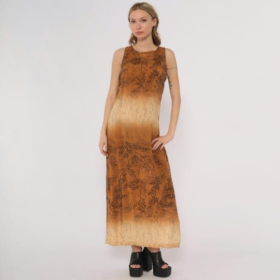 Ombre Maxi Dress 90s Karin Stevens Brown Tan Botanical Print Sleeveless Column Long Summer Y2K Minimal Earth Tones Vintage Gradient Medium M