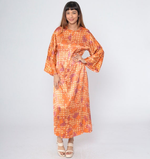 70s Maxi Bell Sleeve Dress Orange Psychedelic Lea… - image 2