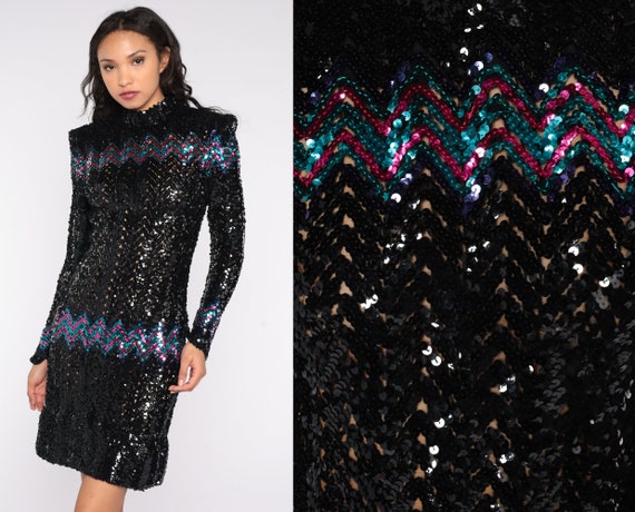 80s Sequin Dress Sheer Black Party Power Shoulders Pencil