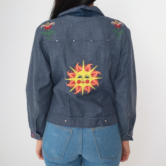 Embroidered Chambray Jacket 70s Floral Jean Jacket Boho Hand Painted Sun Dark Blue Hippie Jacket Trucker Jacket Vintage Bohemian 1970s Small