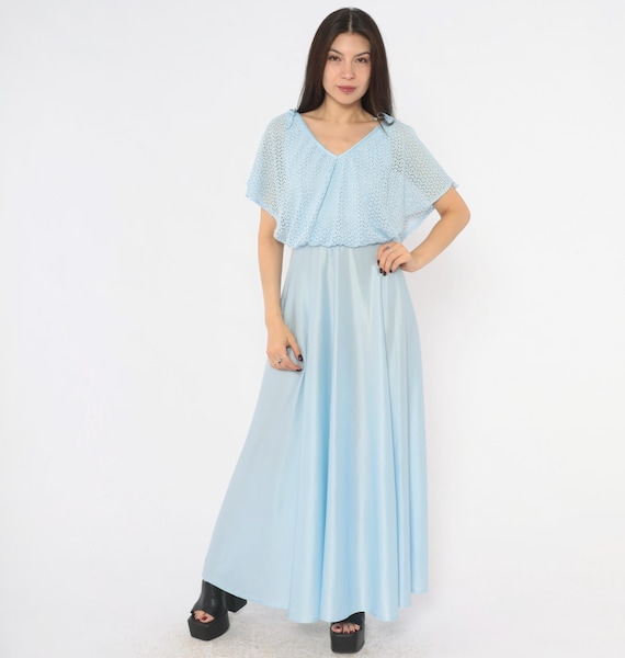 70s Light Blue Maxi Dress Pointelle Knit Capelet Bodice V Neck Flutter Sleeve Shoulder Ties A Line Fit Flare Pastel Prom Party Vintage Small