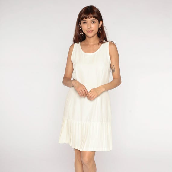 90s Scooter Dress Ivory Sleeveless Pleated Hem Acetate Rayon A-Line Drop Waist Tank Vintage Minimalist Simple Classic Medium Large 11/12