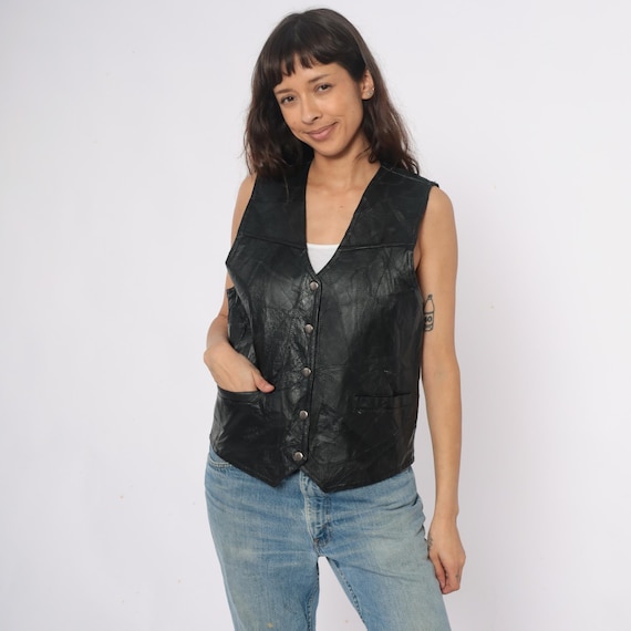 90s Black Leather Vest Sleeveless Motorcycle Biker Style Grunge Rocker Alt Patchwork Panel V Neck Snap Closure Pockets Club Vintage Medium M