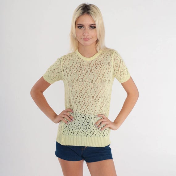 Vintage Yellow Sweater Top 70s Sheer Pointelle Knit Shirt Cutout Short Sleeve Blouse Open Weave Cut Out Spring Acrylic 1970s Small xs