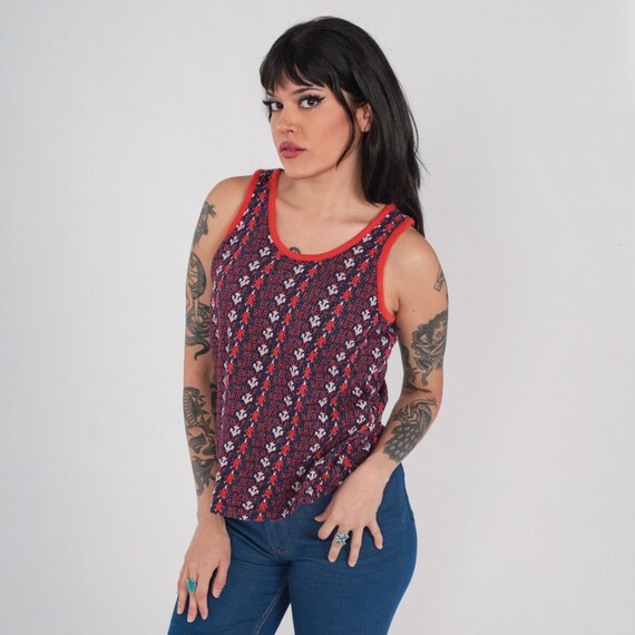 Nautical Tank Top 70s Sea Scout Shirt Retro Anchor Print Summer Mod Sleeveless Blouse Sailor Red Blue White Vintage 1970s Spoof Medium M