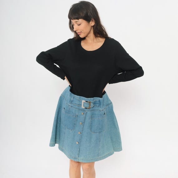 90s Denim Dress Black Cotton Long Sleeve Vintage Two Tone Belt Pockets Prairie Grunge Cottagecore Alternative Indie Summer Extra Large XL
