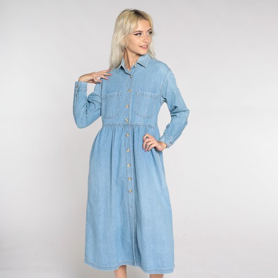 90s Denim Midi Dress Blue Jean Shirtdress Button Up High Waisted Long Sleeve Collared 1990s Normcore Vintage Retro Pocket Petite Small