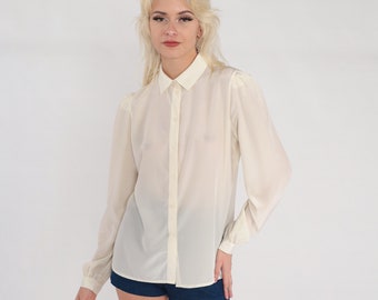 Puff Sleeve Blouse 70s Semi-Sheer Cream Button Up Shirt Retro Collared Top Long Sleeve Basic Plain Secretary Preppy Vintage 1970s Medium M