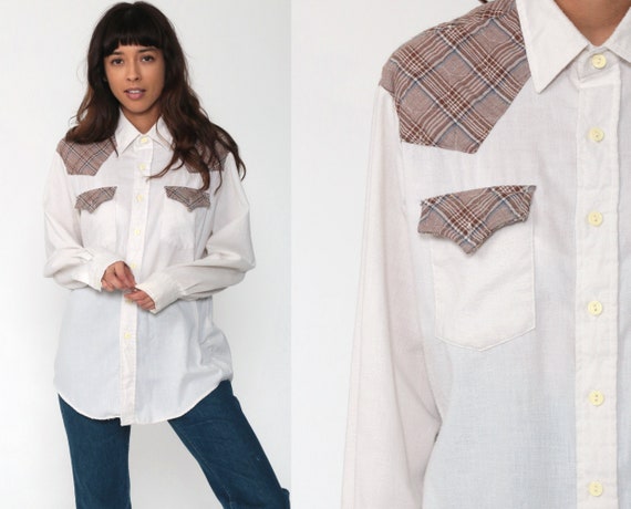 Plaid Western Shirt 80s Off-White Button Down Top Brown Oversize Long Sleeve Yoke Vintage Rockabilly 70s Medium Large