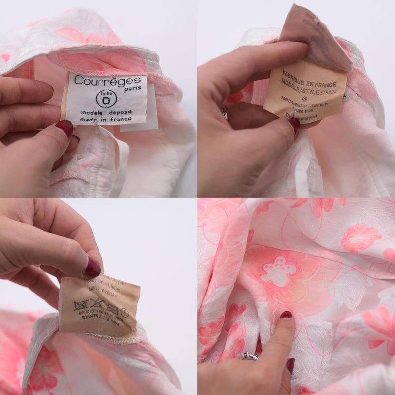 May include: A vintage Courr&egrave;ges garment with a floral pattern in pink and white. The garment has a tag that reads "made in France" and "modele depose". The fabric is soft and appears to be lightweight.