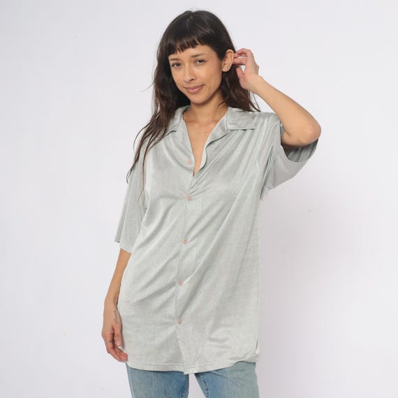 90s Silver Shirt Button Front Collared Tunic Sleeve Vintage Office Casual Relaxed Fit Preppy Style Golfing Professional Corpo Extra Large XL