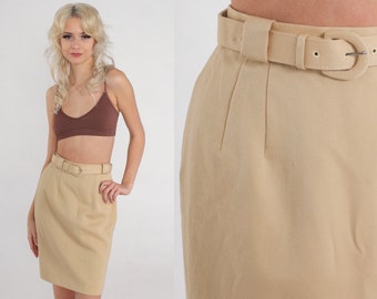 Tan Pencil Skirt 80s Wool Mini Skirt High Waisted Wiggle Belted Retro Office Secretary Simple Plain Minimalist Vintage 1980s 2xs xxs