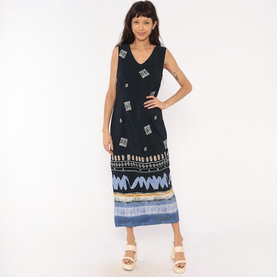 90s Bohemian Print Maxi Dress Navy Blue Sleeveless V Neck Geometric Border White Periwinkle Gold Ethnic Pattern Vintage Dress Barn Large L