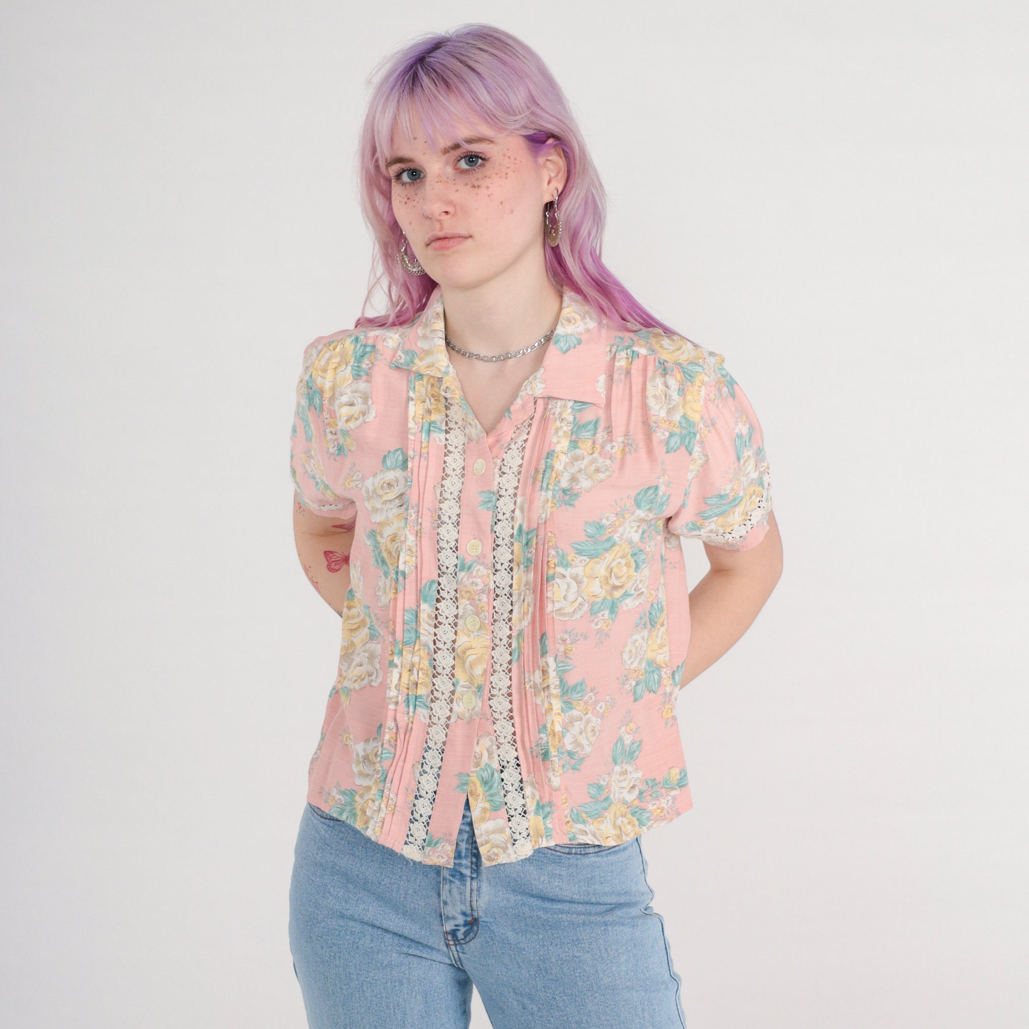 Floral Button Up Blouse 90s Pink Lace Trim Shirt Yellow Flower Print ...