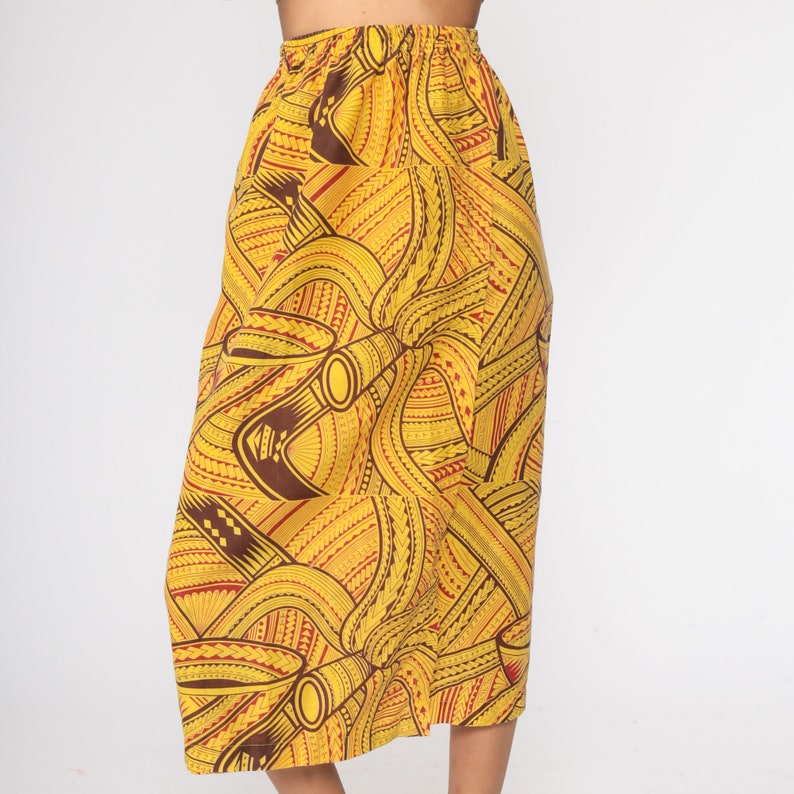 African Skirt Boho Tribal Print Yellow HIGH WAISTED Midi Skirt 80s Long Vintage Hippie Festival Summer Skirt 1980s Small Medium image 3