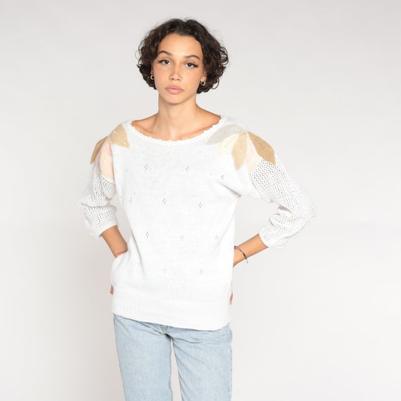 White Cutout Sweater 90s Pointelle Knit Sweater Pearl Beaded Leaf Applique Pullover Retro Open Weave Spring Sweater Vintage 1990s Medium M