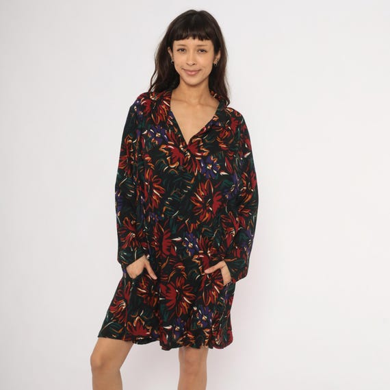 90s Dark Floral Mini Shirt Dress Black Red Relaxed Fit Fall Autumn Botanical Print Rainy Day Burgundy Grunge Alt Gothic Extra Large XL