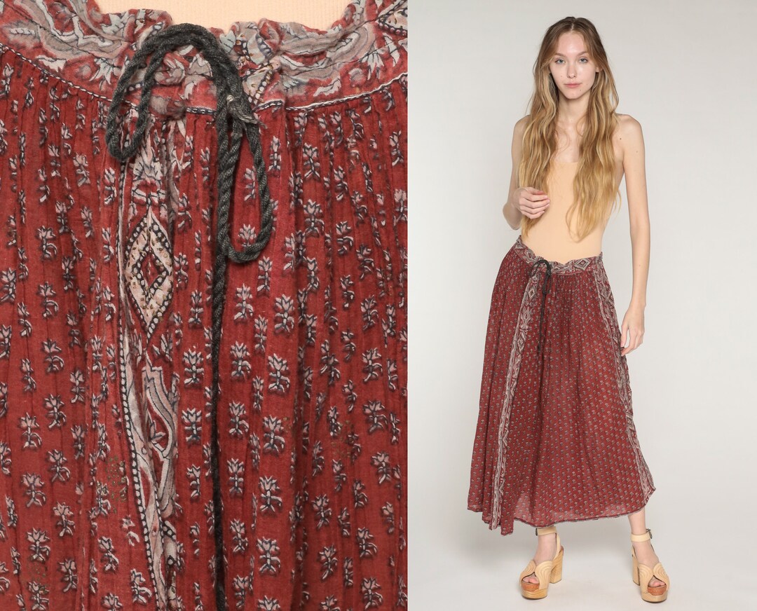 Indian Floral Skirt 90s Sheer Broomstick Midi Skirt Red Brown Etsy