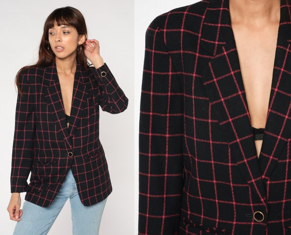Checkered Blazer 80s Pendleton Wool Black Pink Deep V Neck Button up Jacket Retro Formal Professional Secretary Eighties Vintage 1980s Small