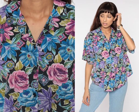90s Floral Blouse Black Purple FLORAL 