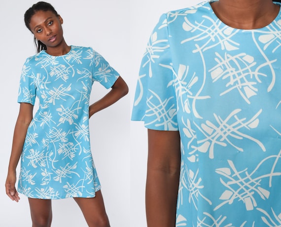 70s Mini Dress Abstract 60s Shift Mod Dress Blue Short Sleeve Vintage 60s Twiggy Sixties Beige Blue Large
