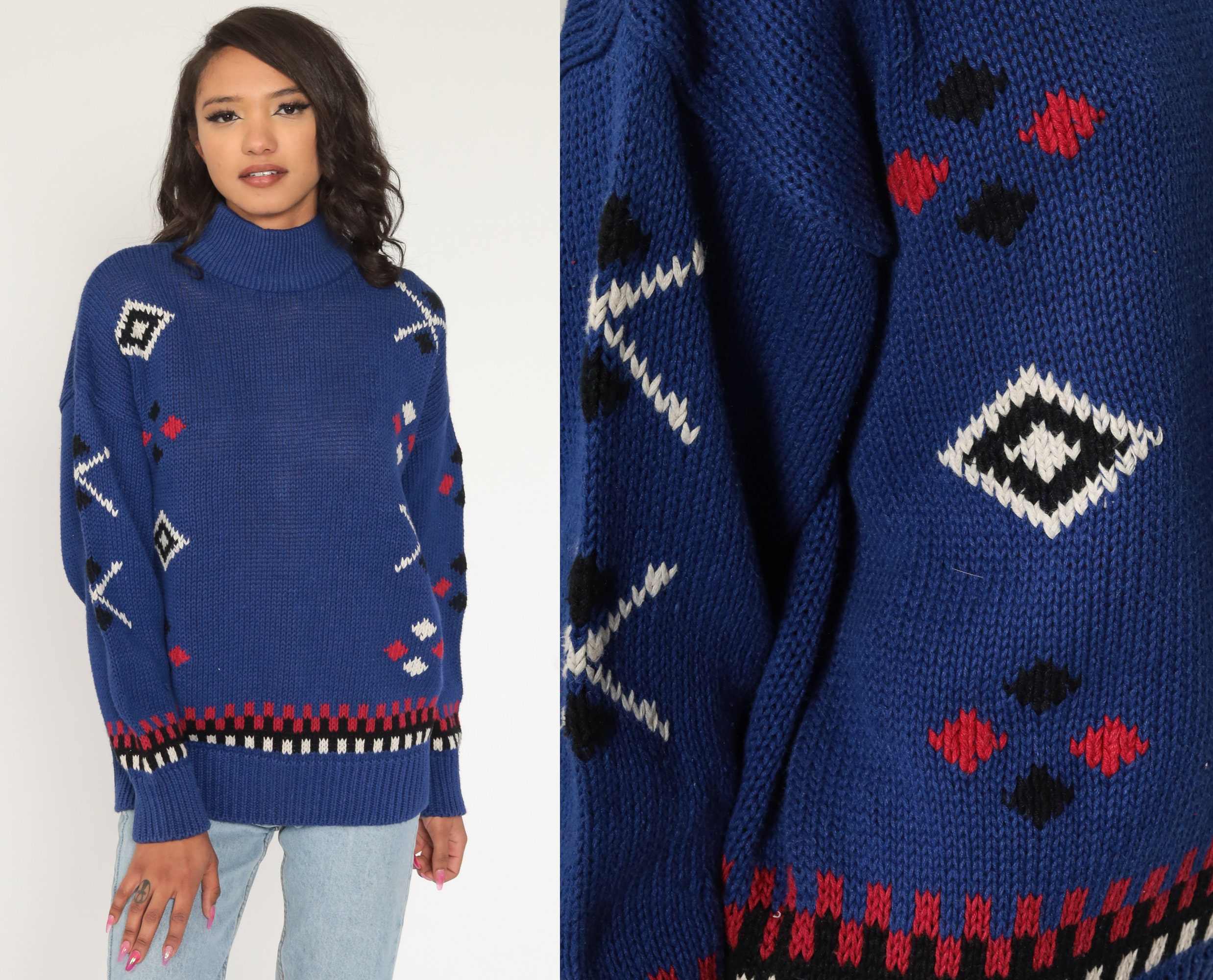 80s GEOMETRIC Sweater Esprit Mock Neck Cotton Ramie Knit Jumper