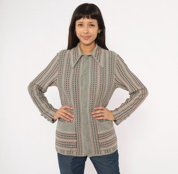 70s Wool Cardigan Grey Dotted Stripe Knit Jacket Button Front Burgundy Black Cream Vintage Sweater Damon Blazer Academic Preppy Medium M