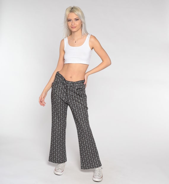 70s Trousers Flared Herringbone Pants High Waisted Rise Bell Bottoms Chevron Print Flares Retro Preppy Seventies Grey Vintage 1970s Medium M