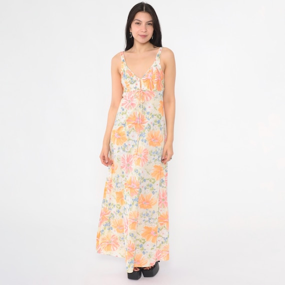 Vintage 70s Floral Nightgown Slip Dress Lingerie Maxi Boho Plunge Deep V Neck Orange Pink Empire Waist Bohemian 1970s White Extra Small xs