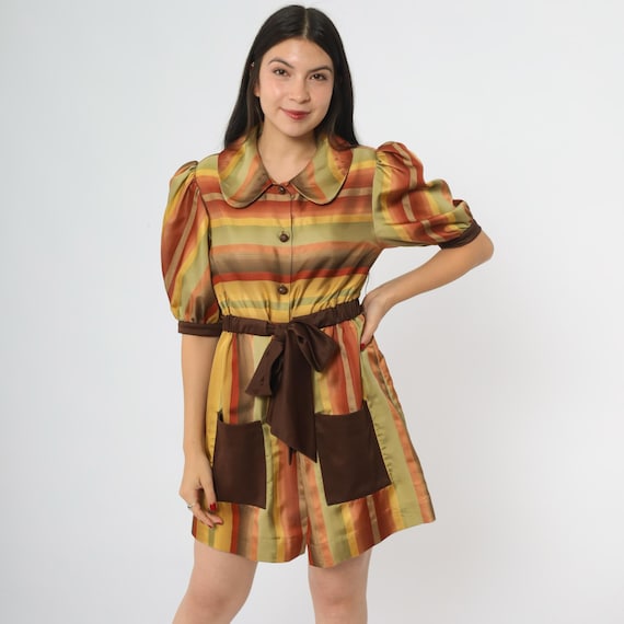 Rainbow Striped Dress 70s Brown Orange Yellow Puff Sleeve Peter Pan Collar Vintage Mod Mini Earth Tones Retro Autumn Fall Harvest Small S