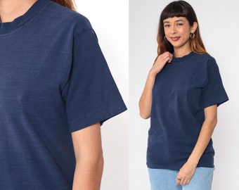 Vintage Navy Blue T Shirt Subtle Stripes Single Stitch Plain Tee 80s T Shirt Normcore Tshirt 1980s Basic Short Sleeve Medium