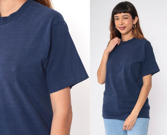 Vintage Navy Blue T Shirt Subtle Stripes Single Stitch Plain Tee 80s T Shirt Normcore Tshirt 1980s Basic Short Sleeve Medium