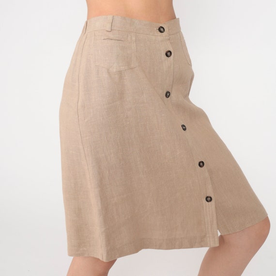 Linen Midi Skirt 80s Tan Button Up Straight Skirt Retro Bohemian Summer High Waisted Boho Simple Plain Preppy Vintage 1980s Small 6