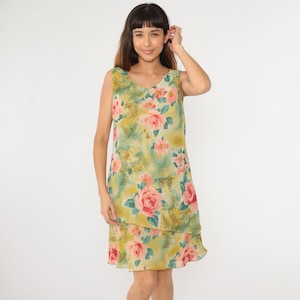 Y2K Tropical Nautical Dress Floral Mini Sundress Map Print Asymmetrical Tiered Hem 00s Sleeveless Shift Pink Rose Print Medium
