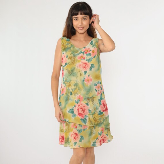Y2K Tropical Nautical Dress Floral Mini Sundress Map Print Asymmetrical Tiered Hem 00s Sleeveless Shift Pink Rose Print Medium