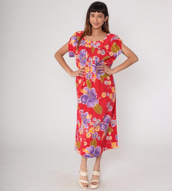 Hawaiian Maxi Dress 70s Red Purple Hibiscus Floral Cotton Cap Sleeve Vintage Empire Waist Festival Resort VacationSummer Tropical Medium M