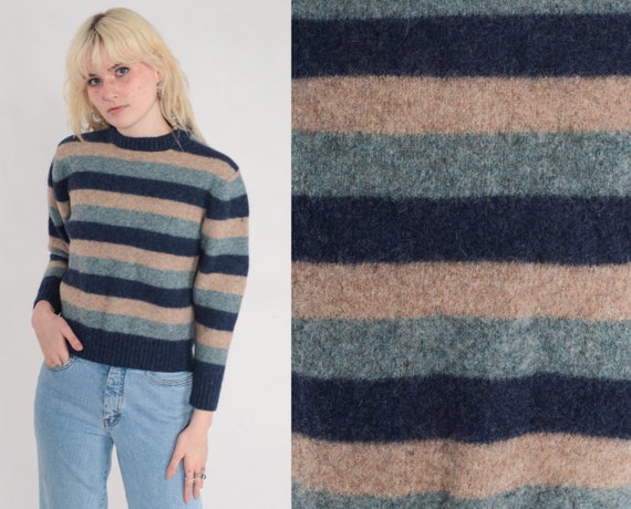 Striped Wool Sweater 90s Pullover Knit Sweater Basic Crewneck Jumper Simple Preppy Retro Knitwear Beige Blue Vintage 1990s Extra Small xs
