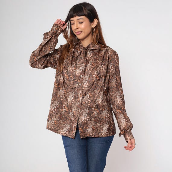 Vintage Brown Floral Ascot Blouse 70s Neck Tie Top Vintage Pussy Bow Bohemian Shirt Secretary 1970s Button Up Boho Long Sleeve Large L